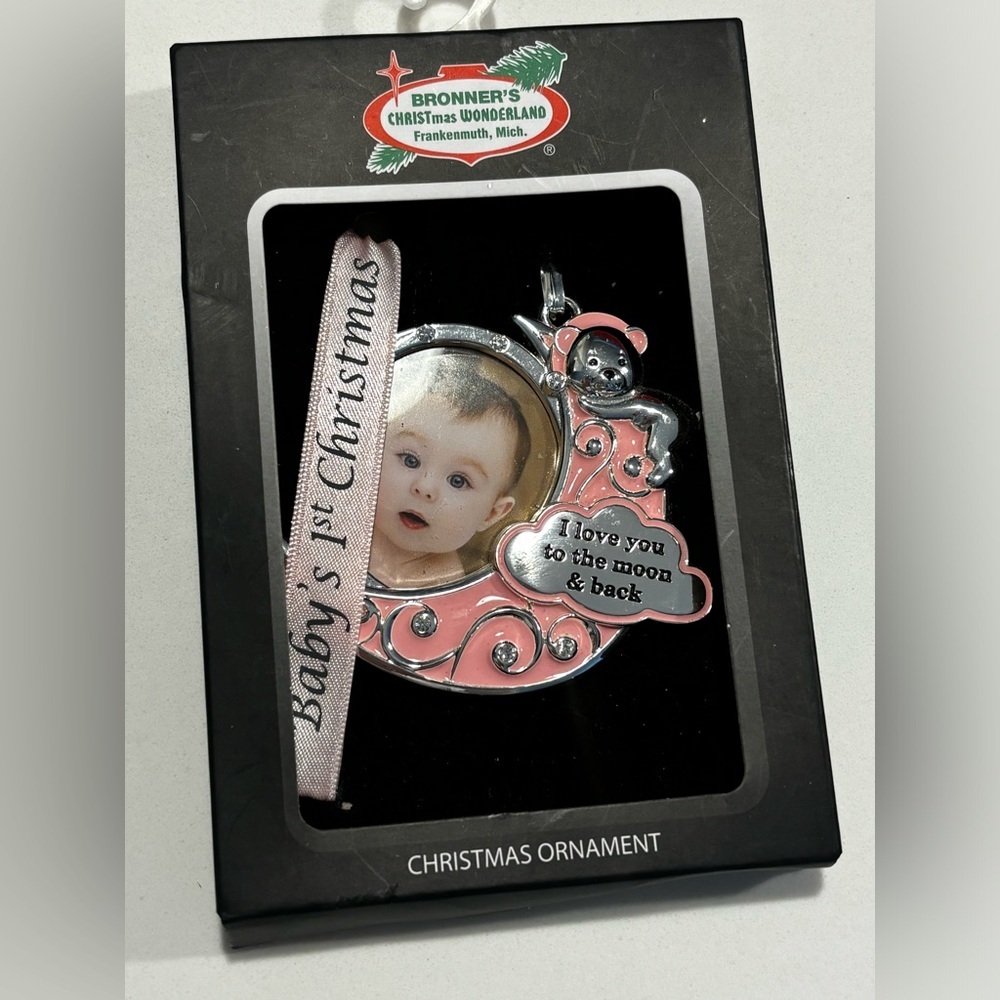 Ornament Baby’s First Christmas Pink Love You to the Moon and Back Bronner’s NEW